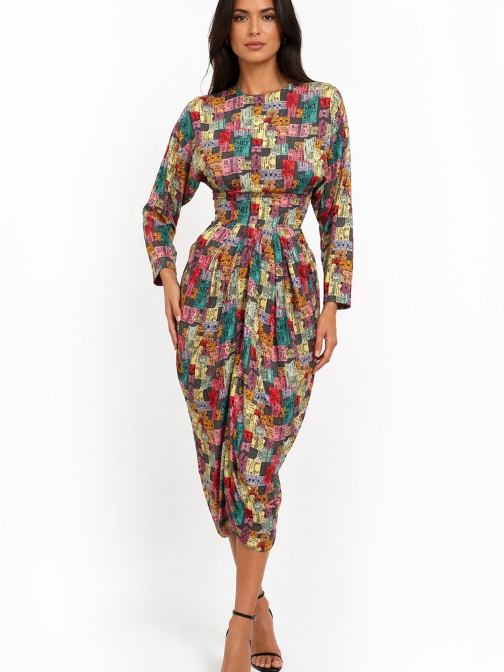 Vintage 1990 Nicole Miller NYC Ticket Stub Print Silk Dress Rare